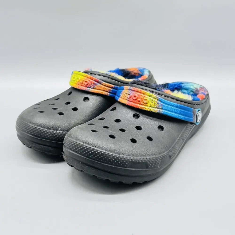 Crocs Shoes Kids 4 Black Classic Lined Clog Spray Tie Dye Fuzzy Warm Plush